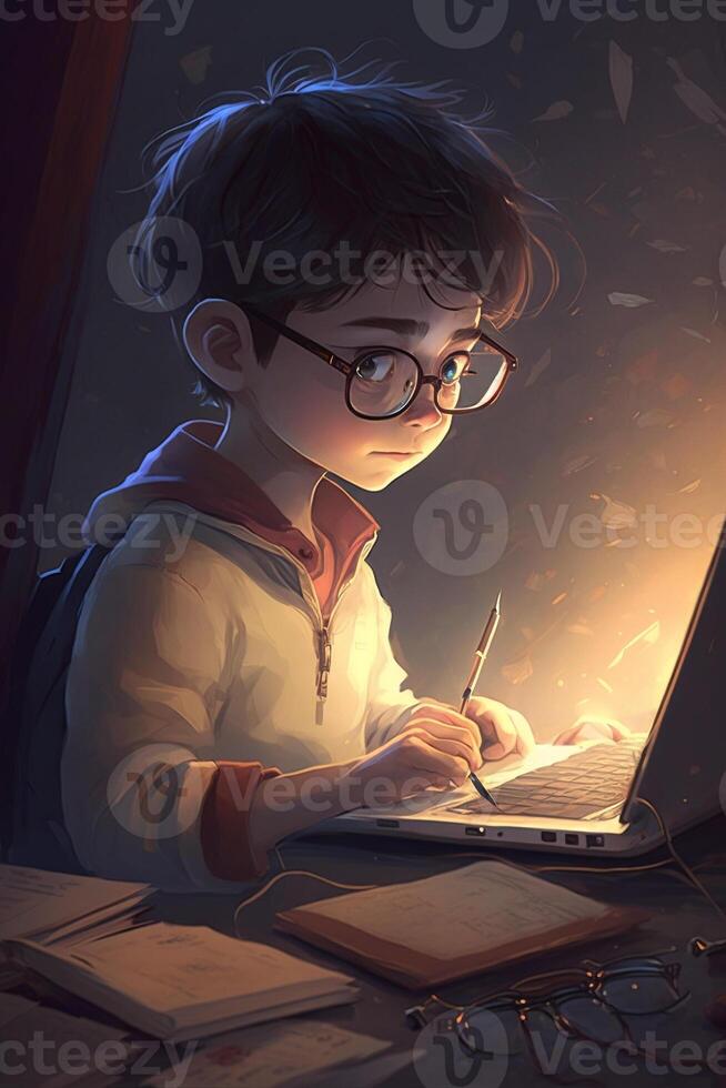 Illustration of a boy working on his laptop, photo