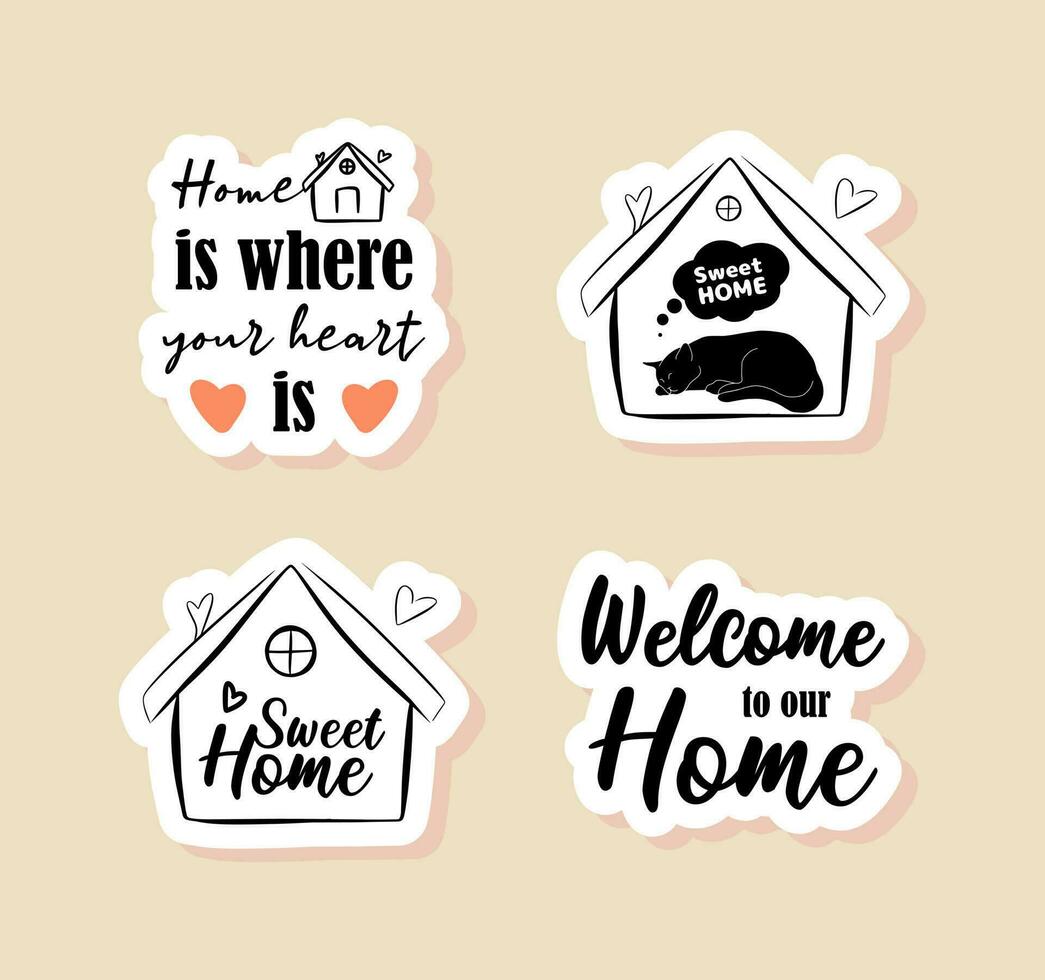 Sweet home sticker set. Cute vector notebook label clip art. Welcome to our home quote.