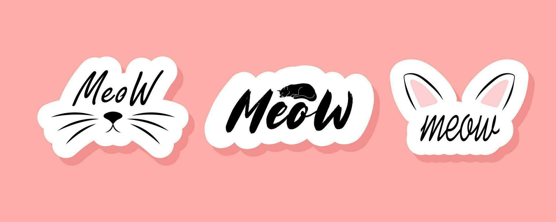 Meow cat sticker set. Cute vector notebook label clip art. Kitty quotes.