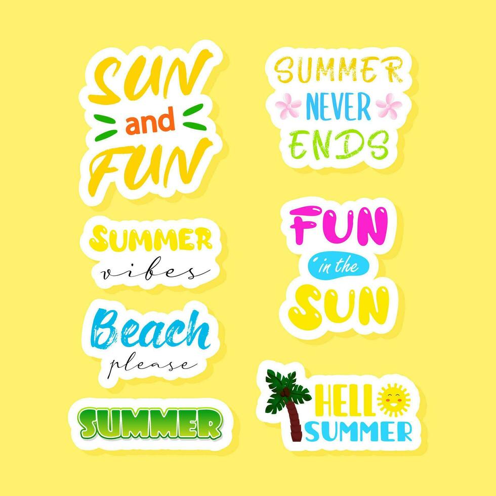 Summer season sticker set. Cute vector notebook label clip art. Summer handwriting quotes.