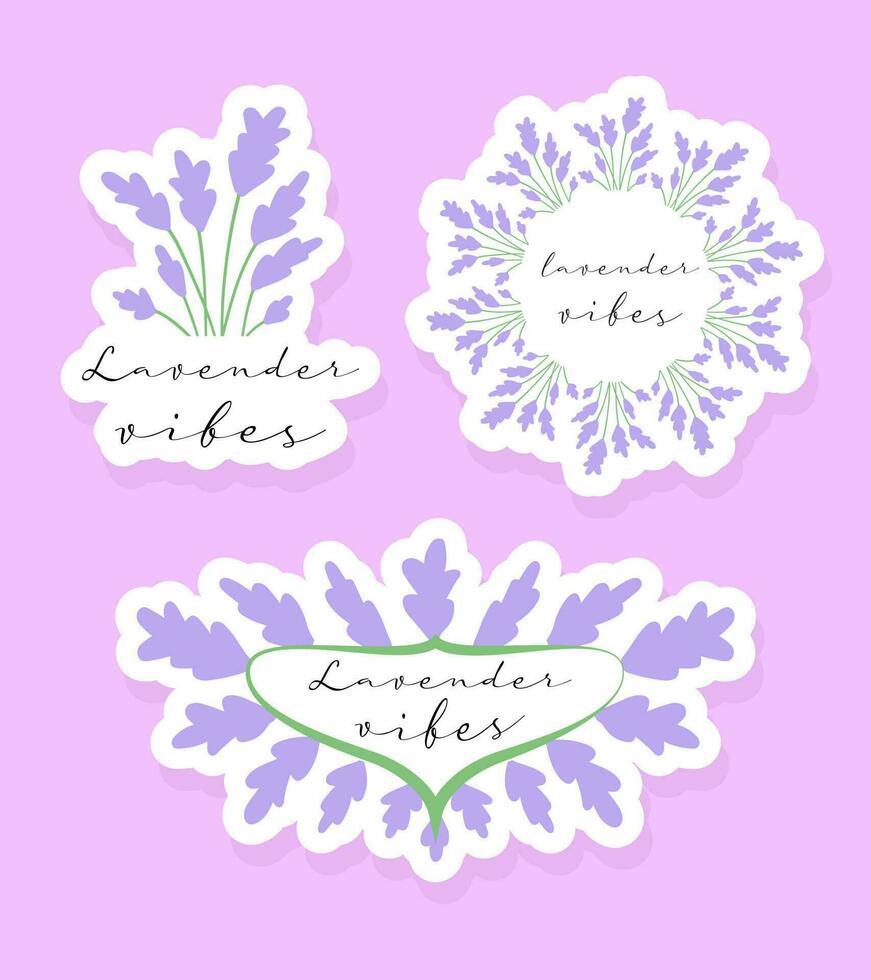 Lavender sticker set. Cute vector notebook label clip art. Lavender vibes quote. Floral wreath.