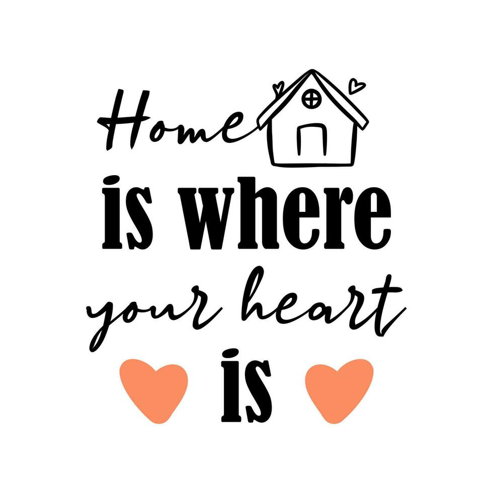 Handwritten home is where your heart is phrase lettering. Cute greeting poster or entrance sign print template. Vector quote illustration.