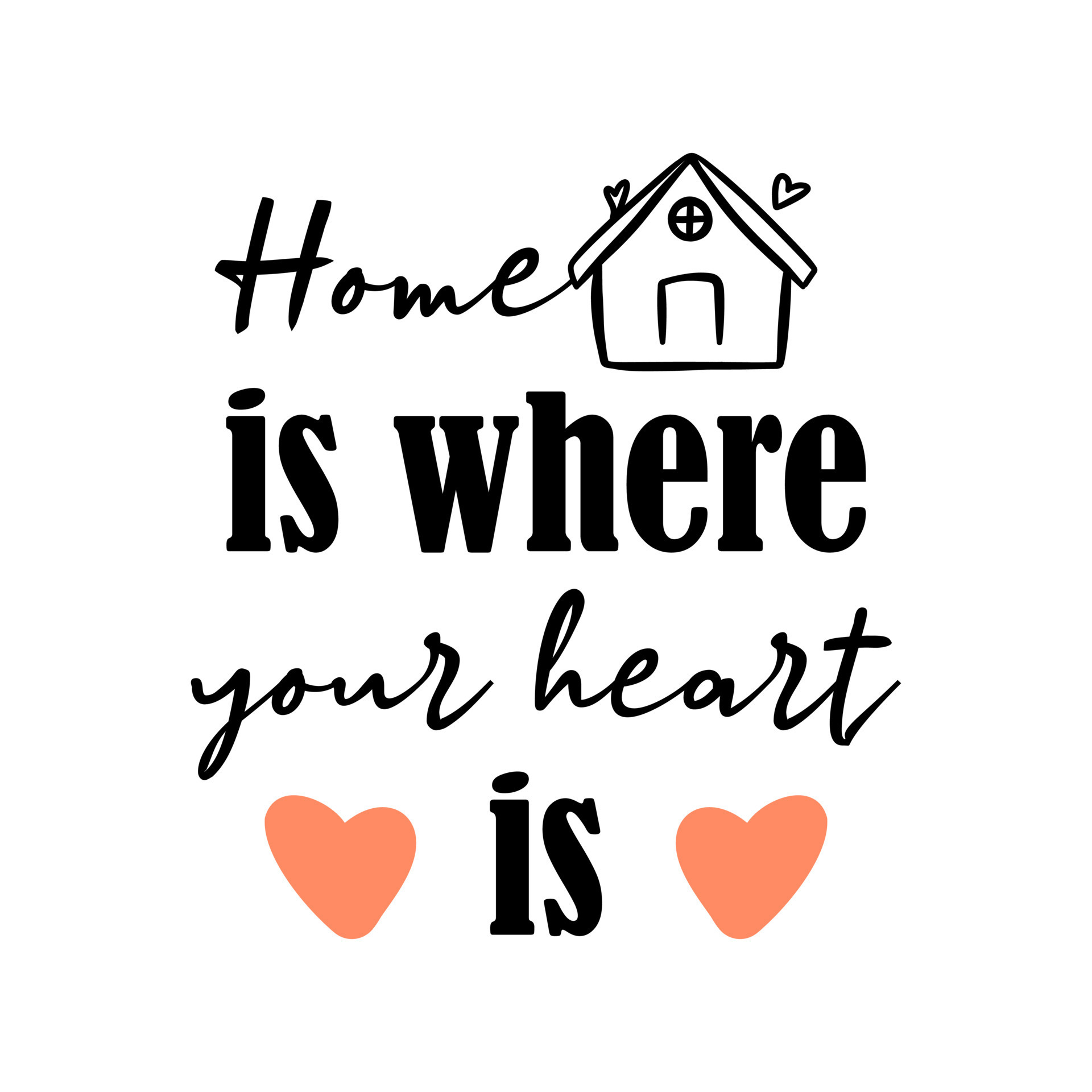 Handwritten home is where your heart is phrase lettering. Cute