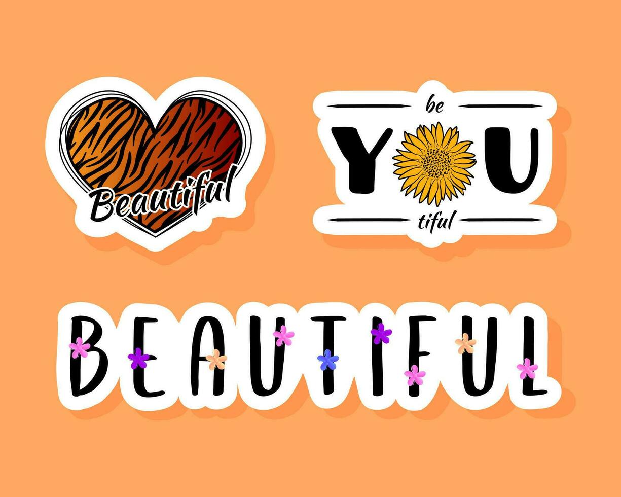 Beauty sticker set. Cute vector notebook label clip art. Beautiful word quotes.