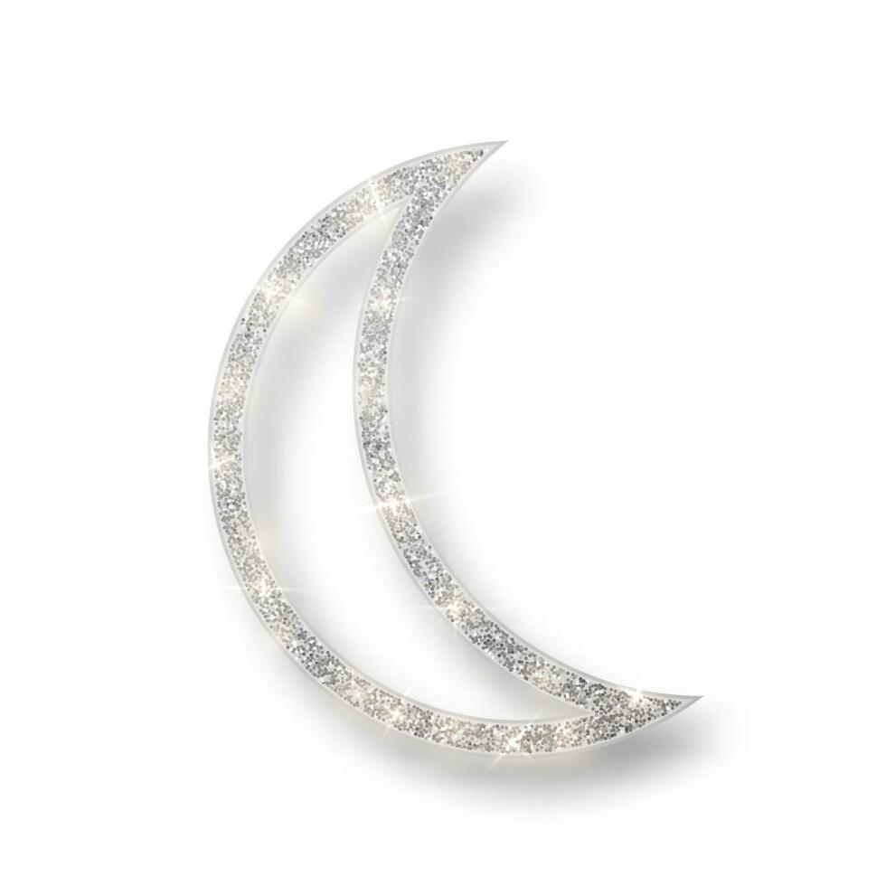 Silver shiny glitter glowing half moon with shadow isolated on white background. Crescent Islamic for Ramadan Kareem design element. Vector illustration