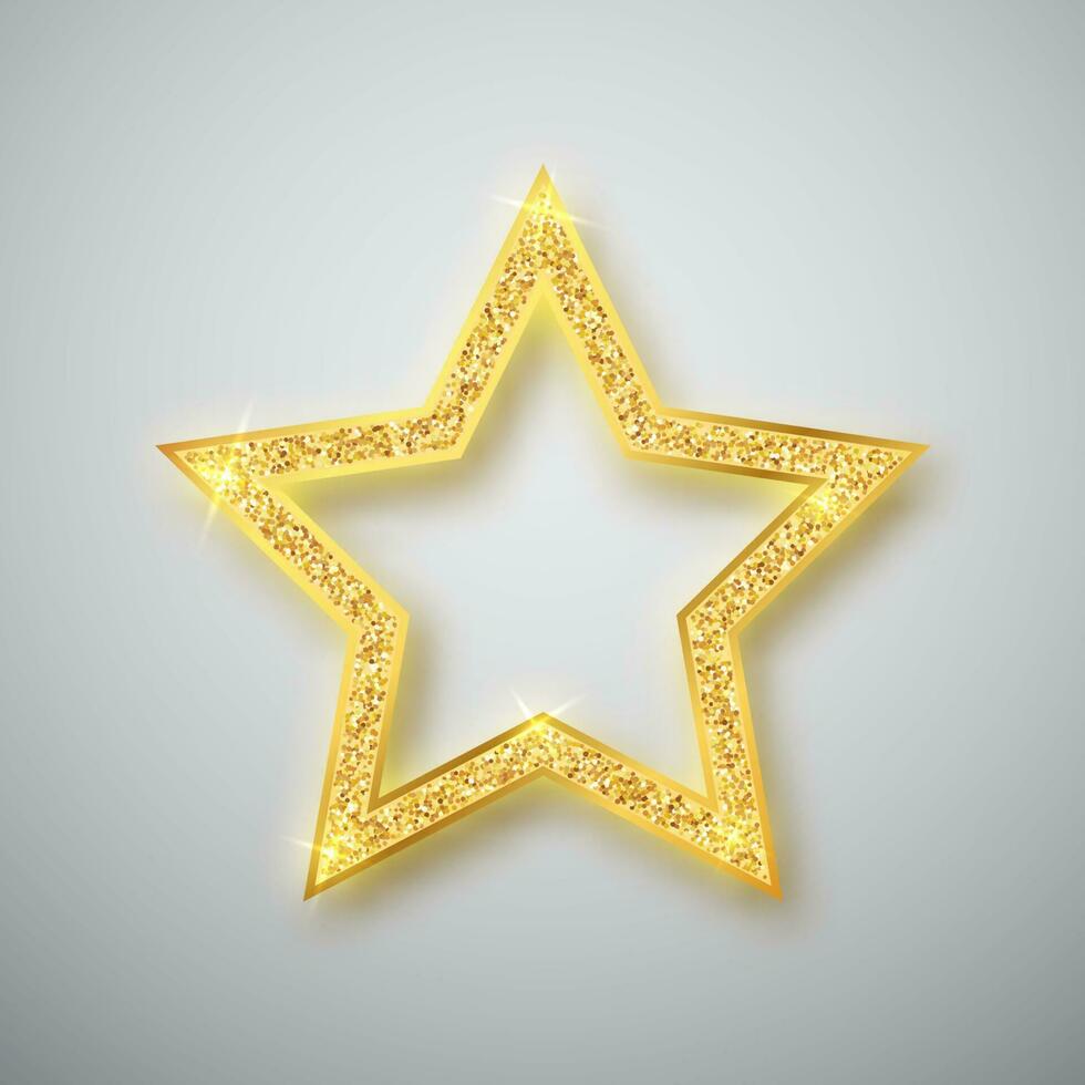 Gold shiny glitter glowing star with shadow isolated on gray background. Vector illustration