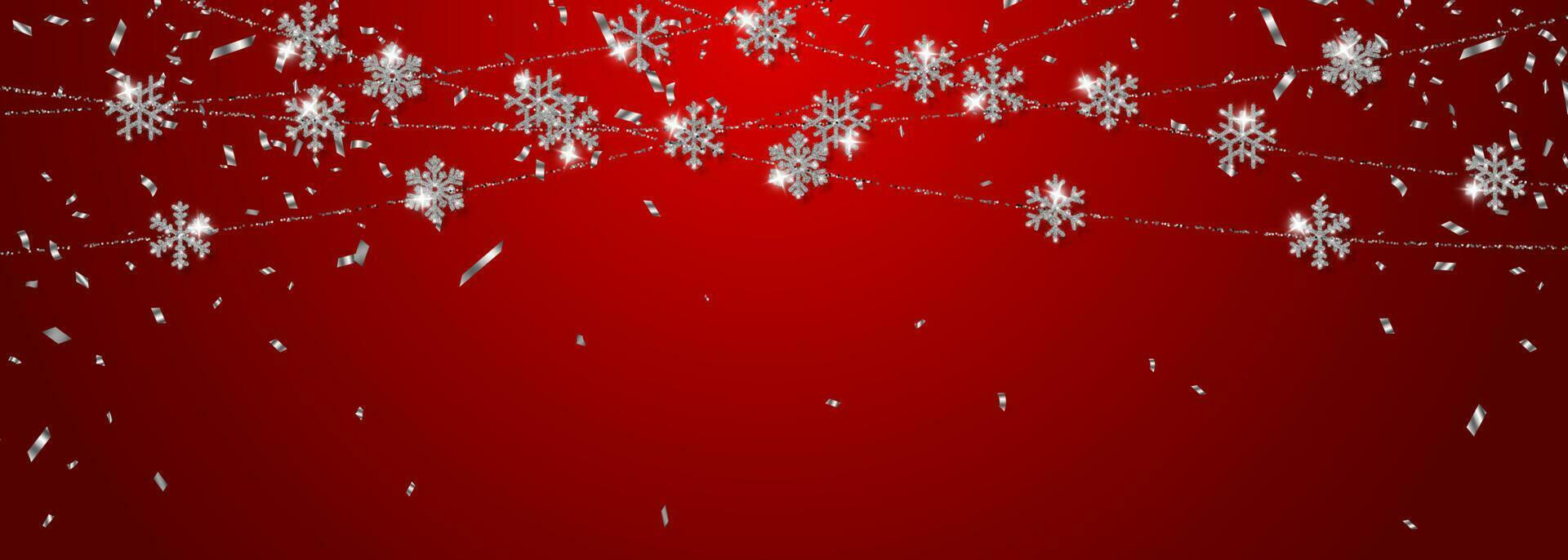 Christmas or New Year silver snowflake decoration garland on red background. Hanging glitter snowflake. Vector illustration