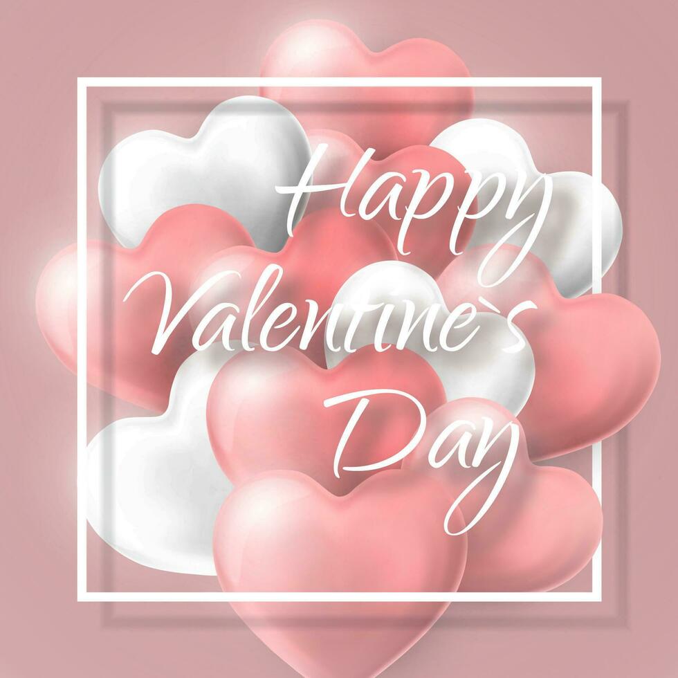 Happy Valentines Day background, flying bunch of pink and white helium balloon in form of heart with frame. Vector illustration