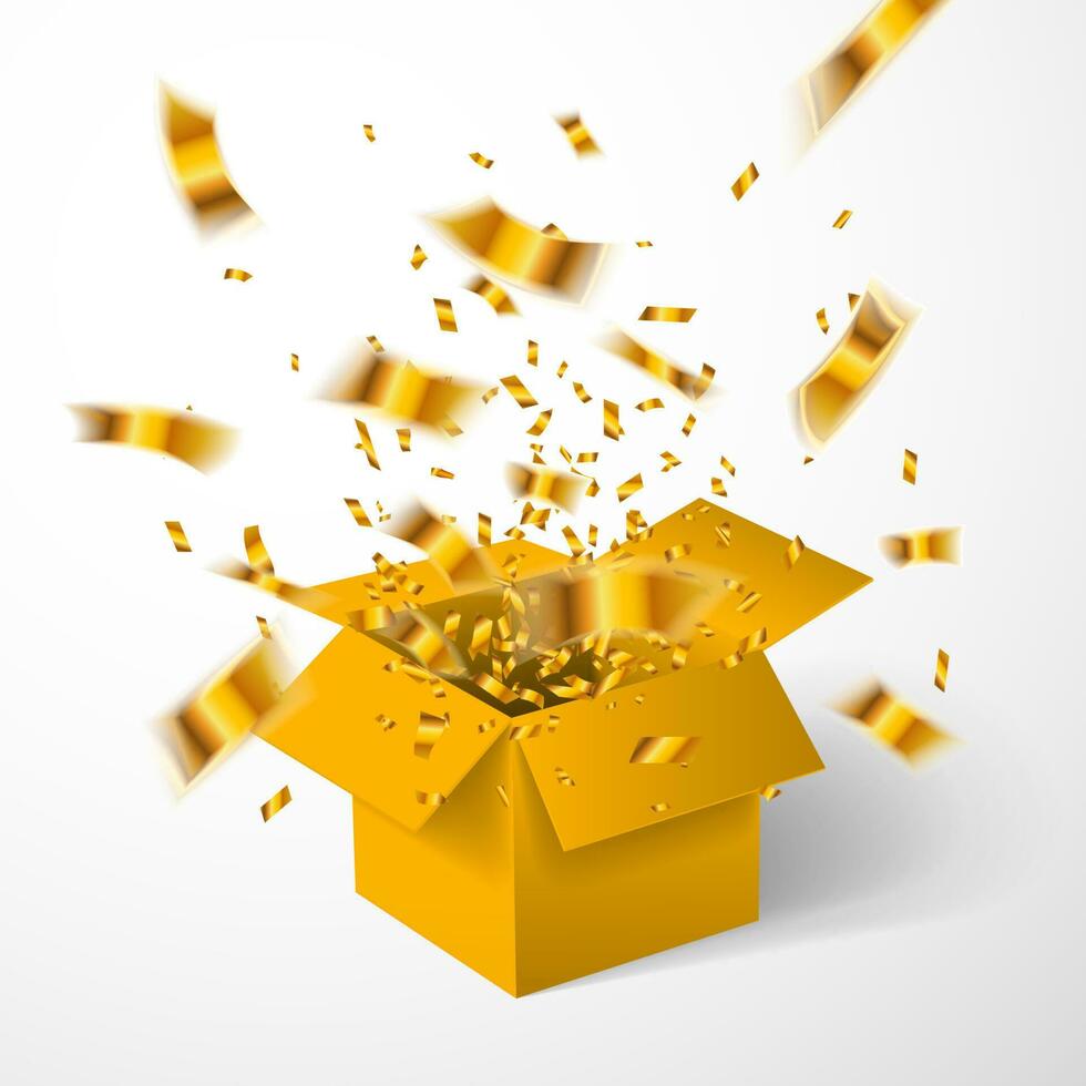 Open yellow gift box and gold confetti. Christmas Background. Vector illustration