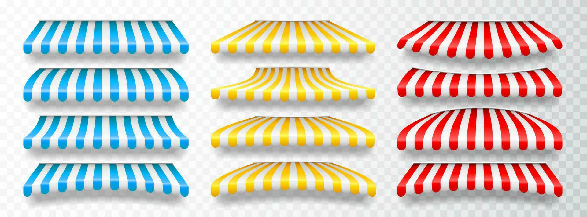 Realistic striped shop sunshade. Store awning. Shop tent isolated set. Vector illustration