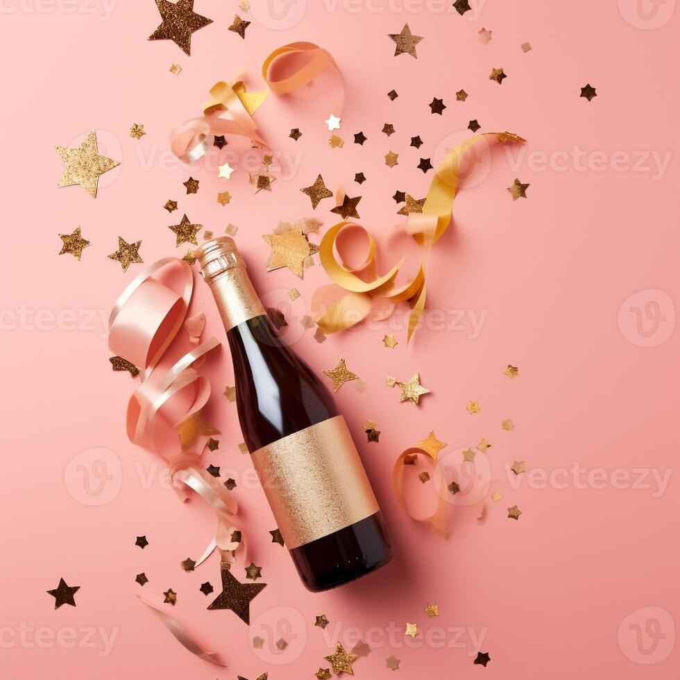 Golden champagne bottle with confetti stars and party streamers. photo