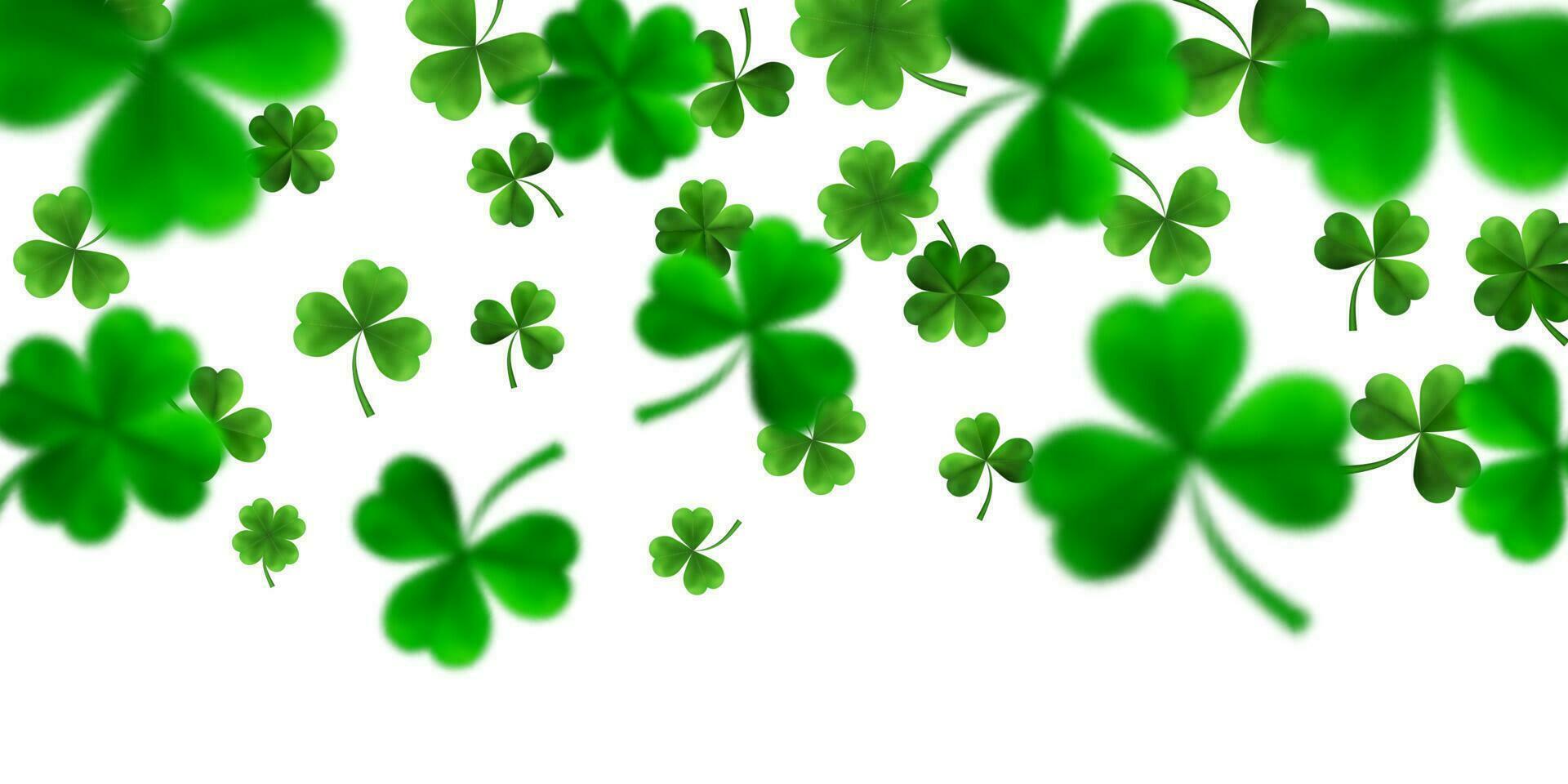 Saint Patrick's Day Border with Green Four and Tree 3D Leaf Clovers on White Background. Irish Lucky and success symbols. Vector illustration