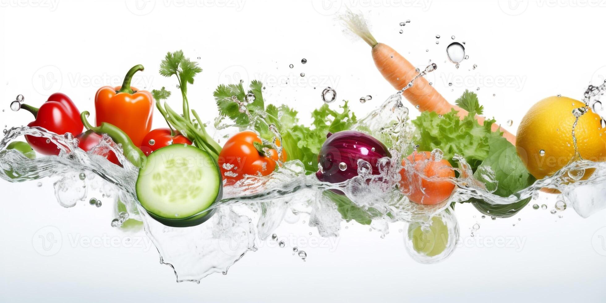 vegetables splashing into clear water on white background. photo