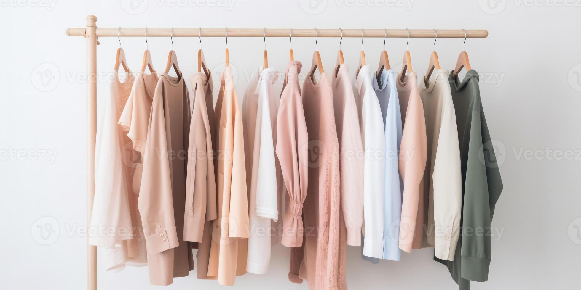 various women fashion clothes hanging on rack. photo