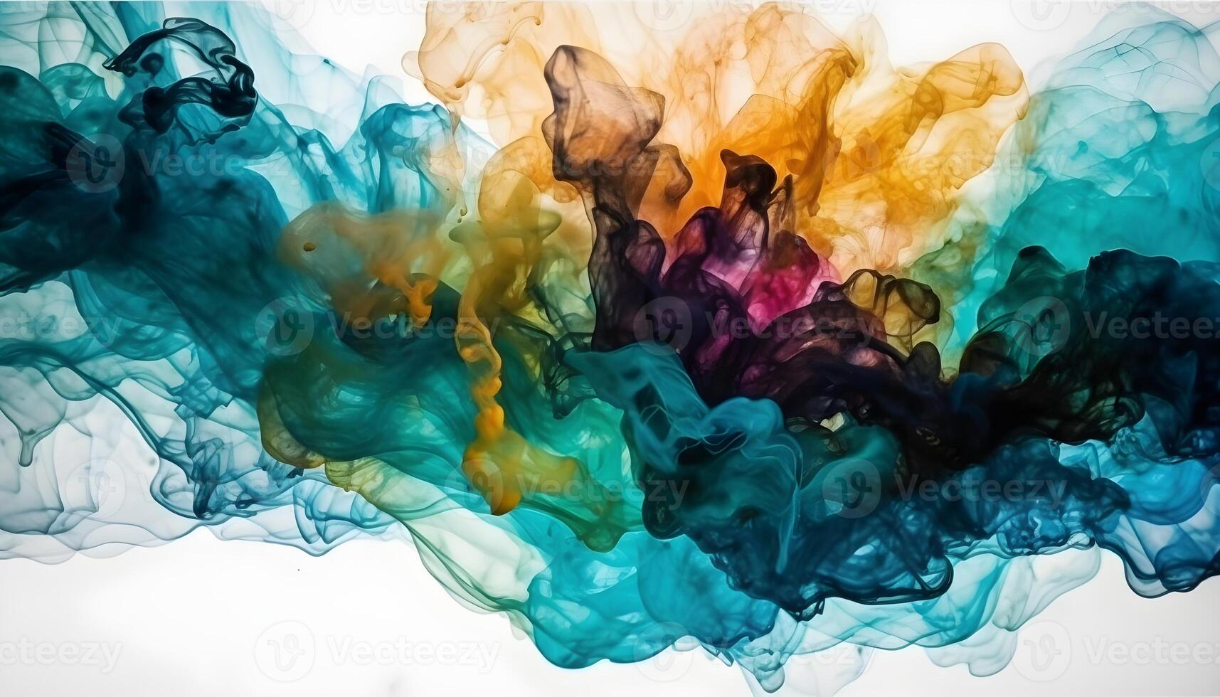 Colorful alcohol ink mixing texture. Fluid ink mix abstract background in liquid. Multicolor ink isolated on white background dissolving in water. photo