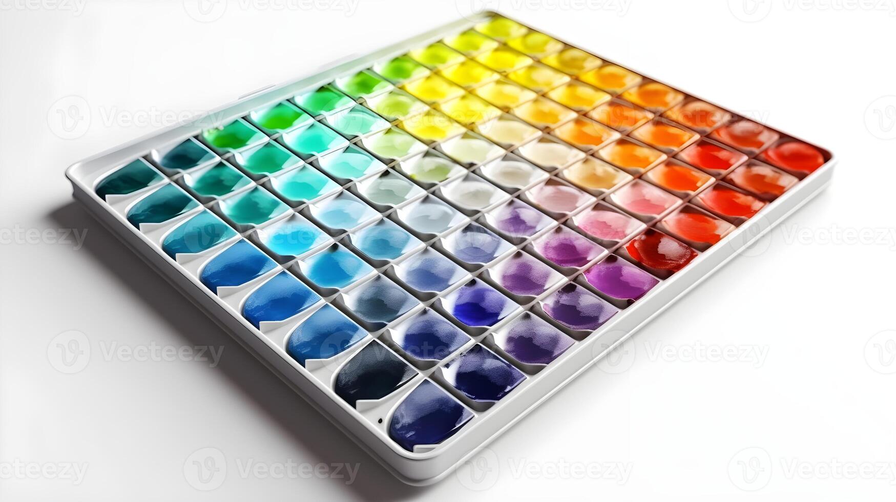 Rectangular box colorful complete watercolor paint palette isolated on white studio shot. photo