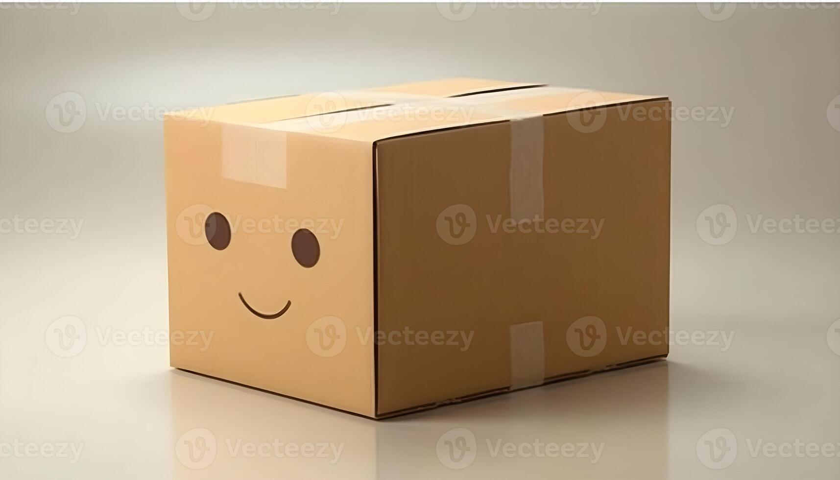 Close corrugated cardboard box with smile on the side, stored boxes, carton material isolated on white background studio shot. photo