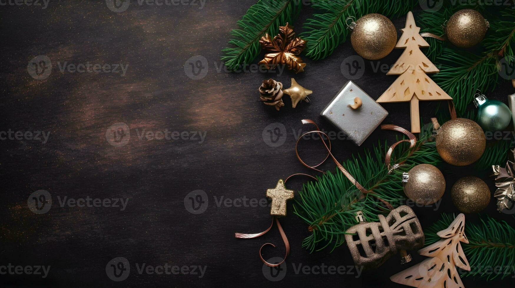 Elegant beautiful Christmas ornament decoration tree, pine leaf, glass ball ornament, and star, flat lay used for banner and background or backdrop for seasonal greetings. photo
