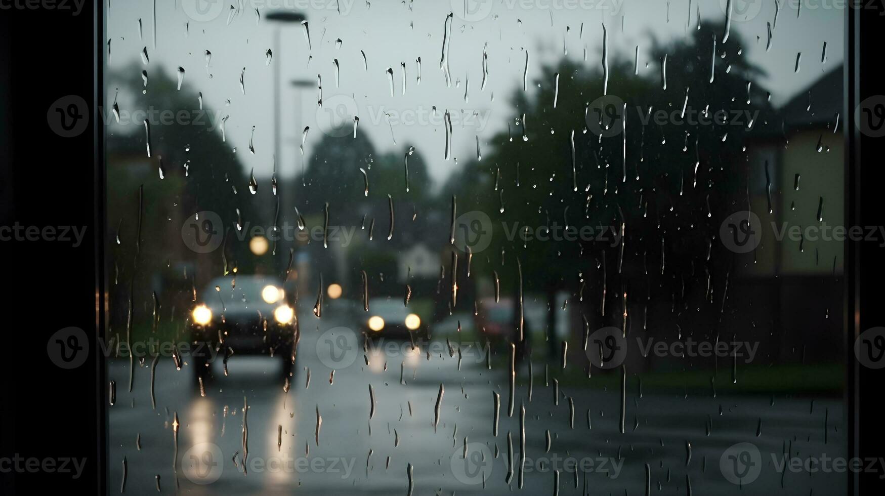 Rain droplet from heavy rain at the glass window view from inside the house. Rainy day. photo