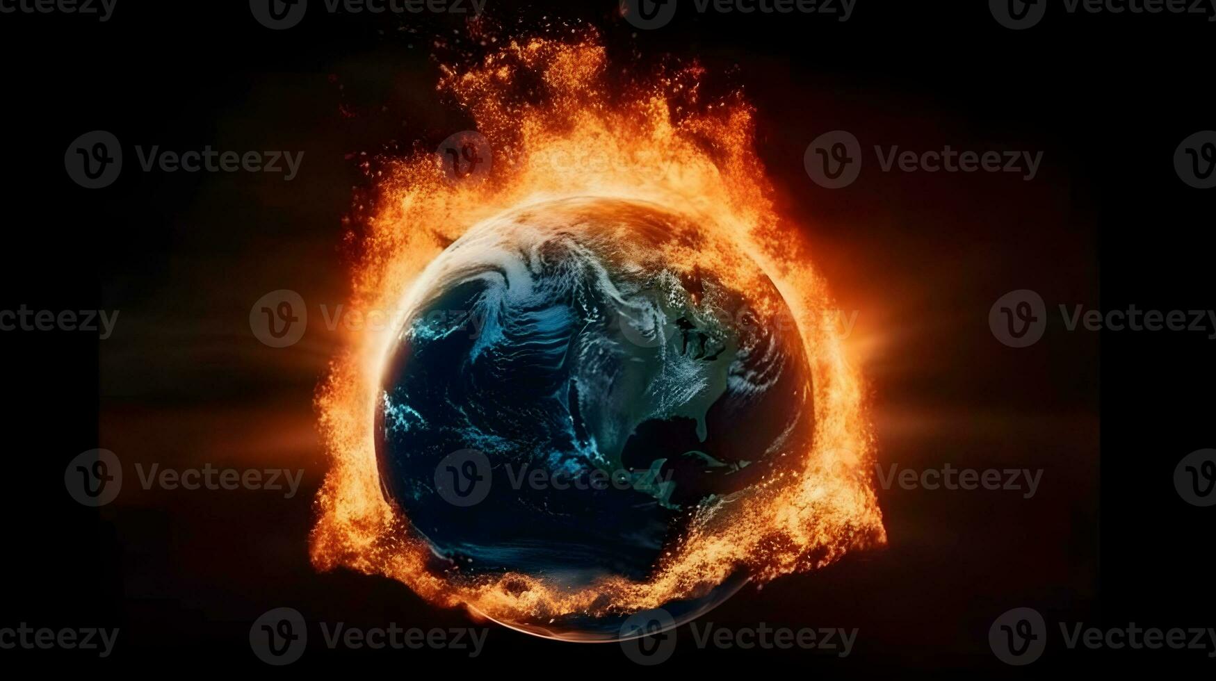 Illustration of the earth world globe on fire or burning increasing the temperature. Climate change, burning earth global warming concept. photo