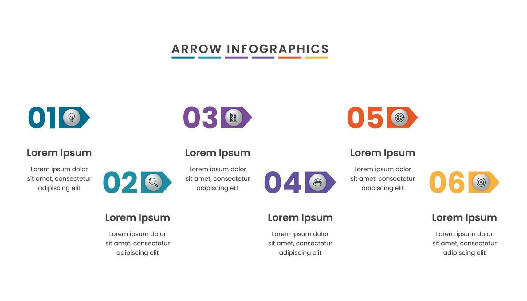 sencillo flechas infografía modelo con iconos, números y seis opciones o pasos. vector