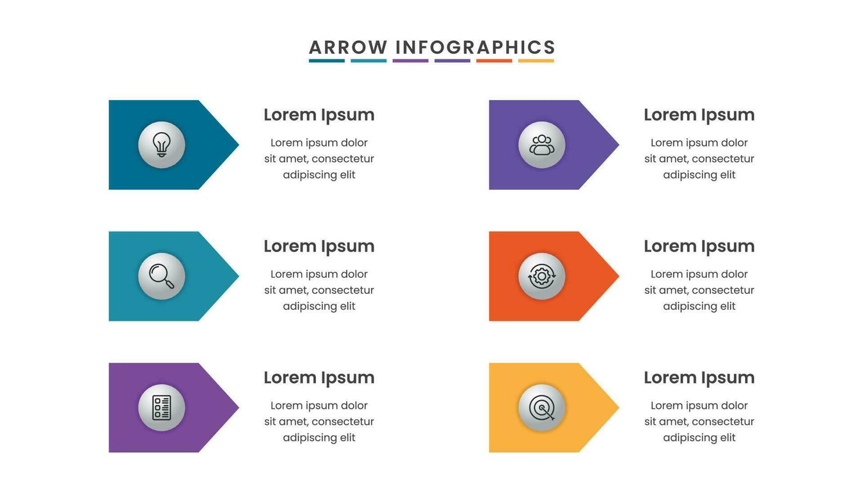 sencillo flechas infografía modelo con seis paso y iconos vector