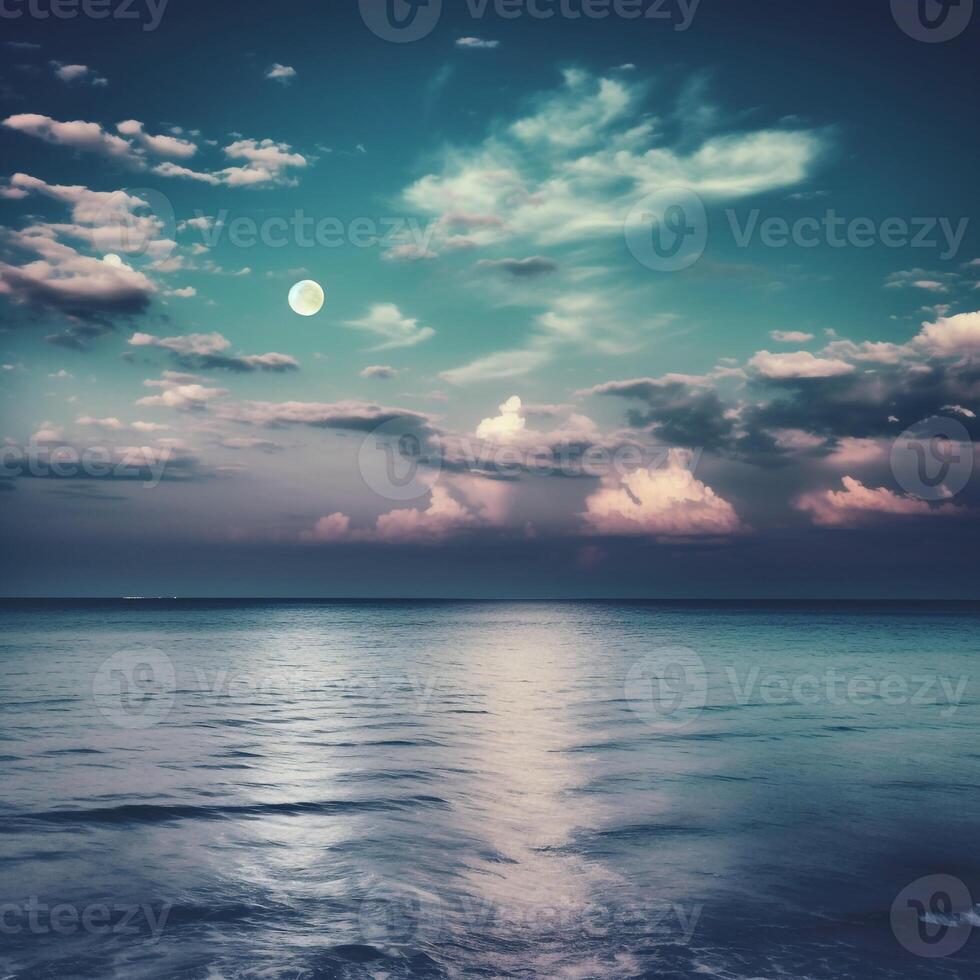 panorama ver de el mar vistoso cielo con nube y brillante lleno Luna en marina a noche. ai generativo foto