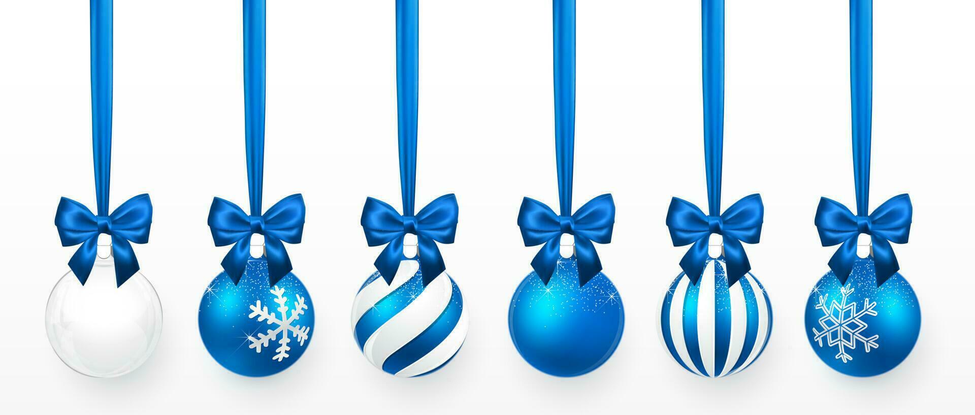 Transparent and Blue Christmas ball with snow effect and blue bow set. Xmas glass ball on white background. Holiday decoration template. Vector illustration