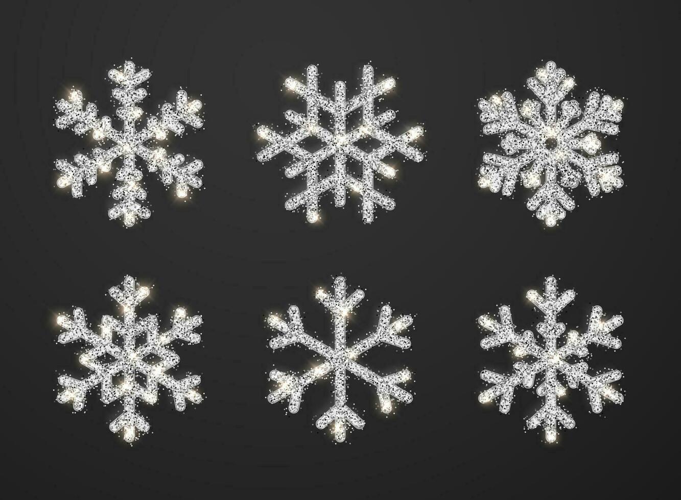 Shining silver snowflakes on black background. Christmas and New Year background. Vector illustration