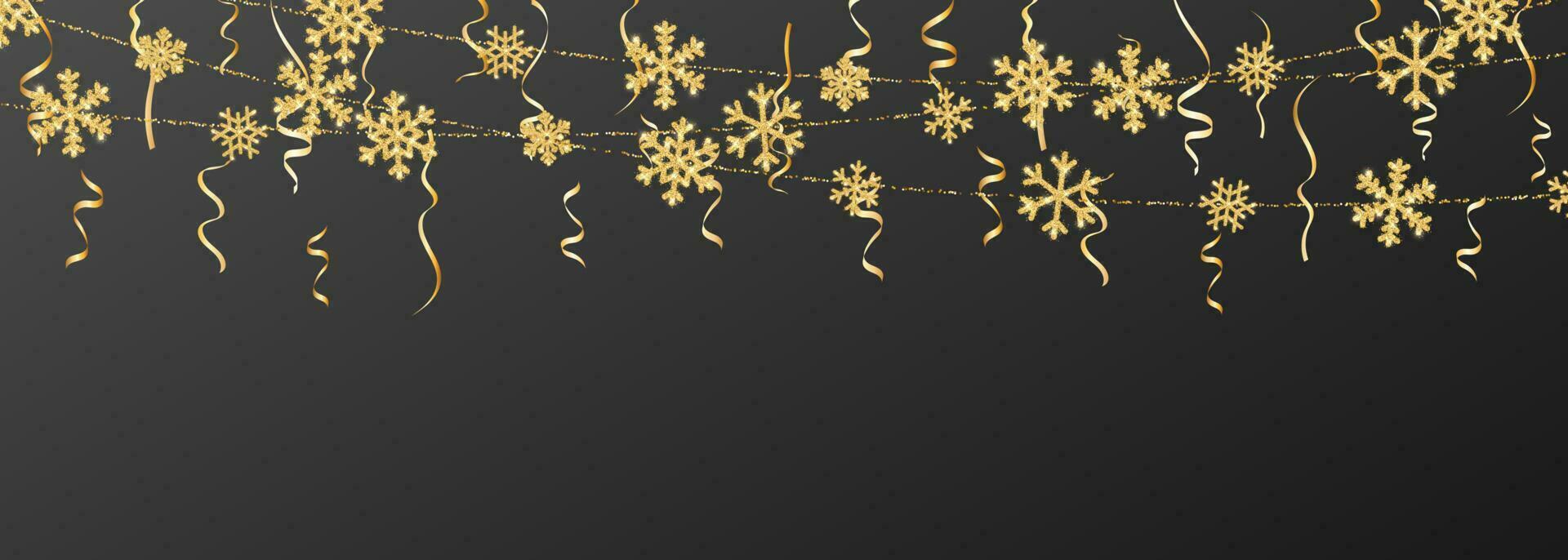 Christmas or New Year golden snowflake decoration garland on black background. Hanging glitter snowflake. Vector illustration