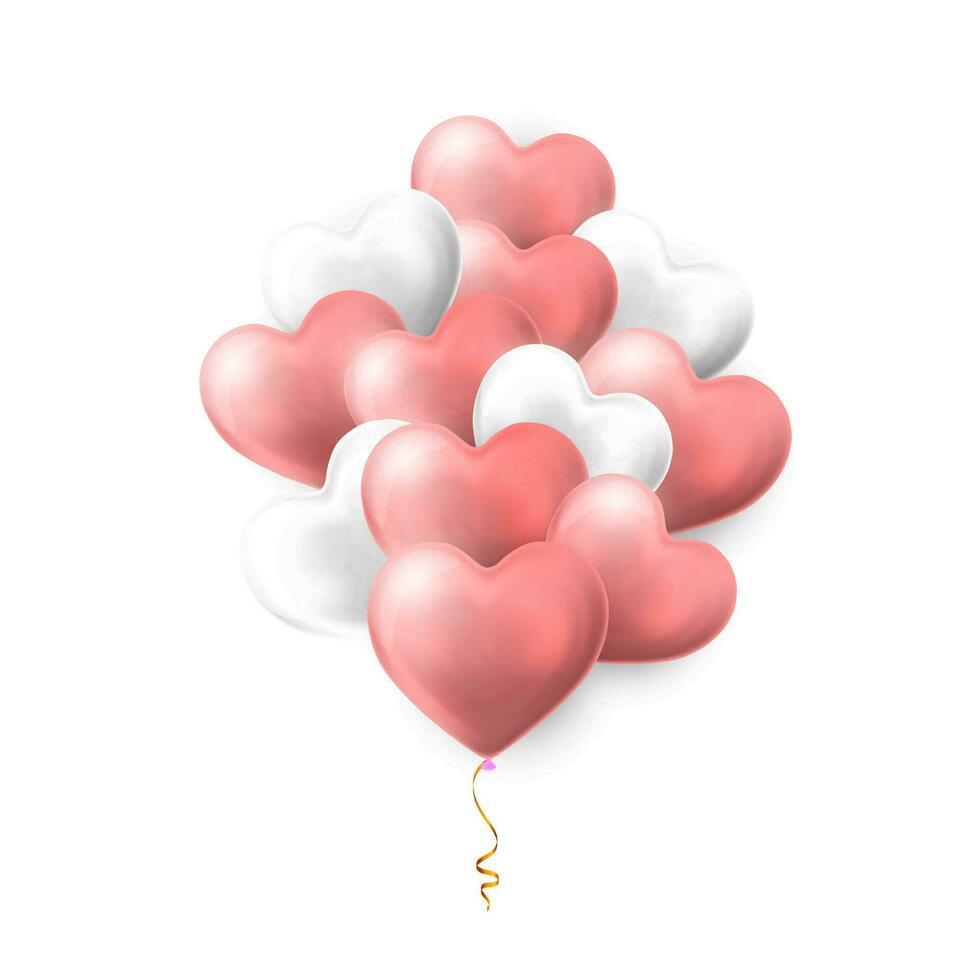 contento san valentin día fondo, volador manojo de rosado y blanco helio globo en formar de corazón. vector ilustración