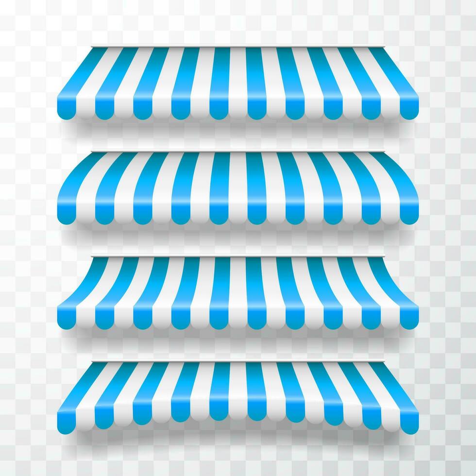 Realistic striped shop sunshade. Store awning. Shop tent isolated set. Vector illustration