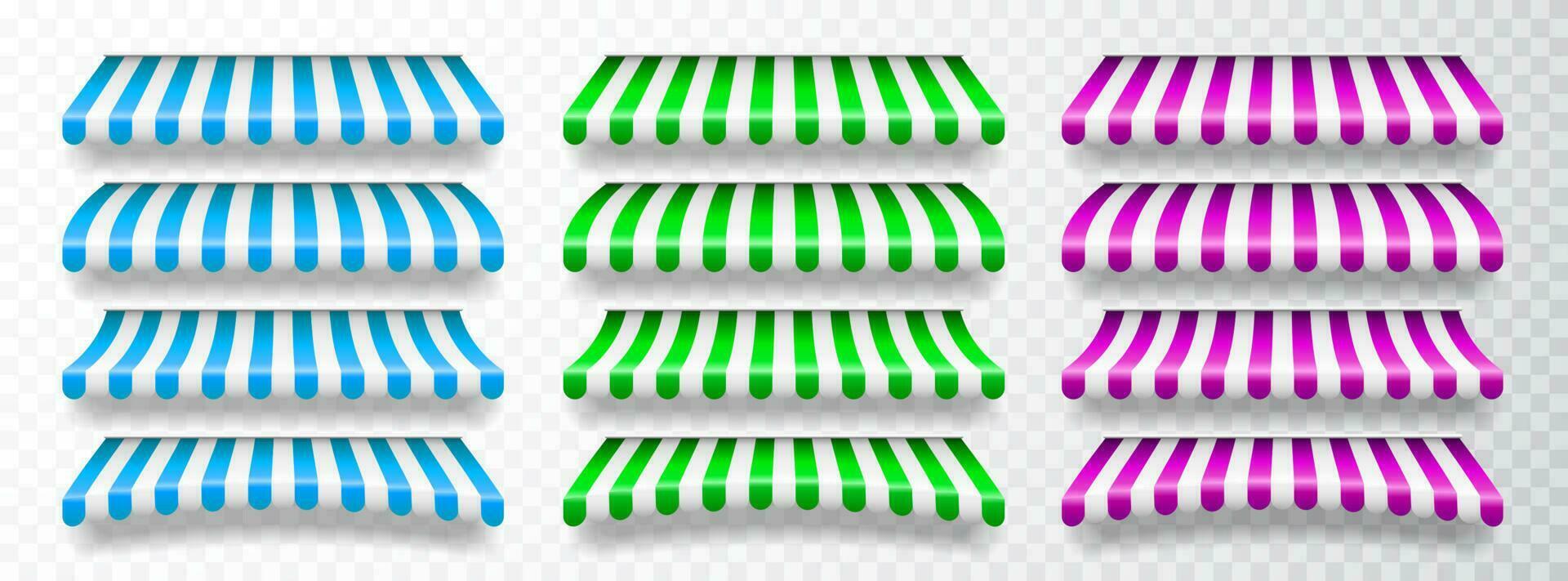 Realistic striped shop sunshade. Store awning. Shop tent isolated set. Vector illustration