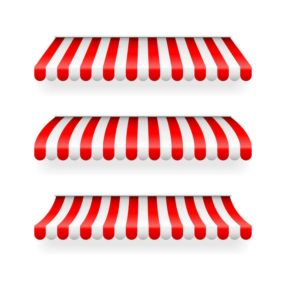 Realistic striped shop sunshade. Store awning. Shop tent isolated set. Vector illustration