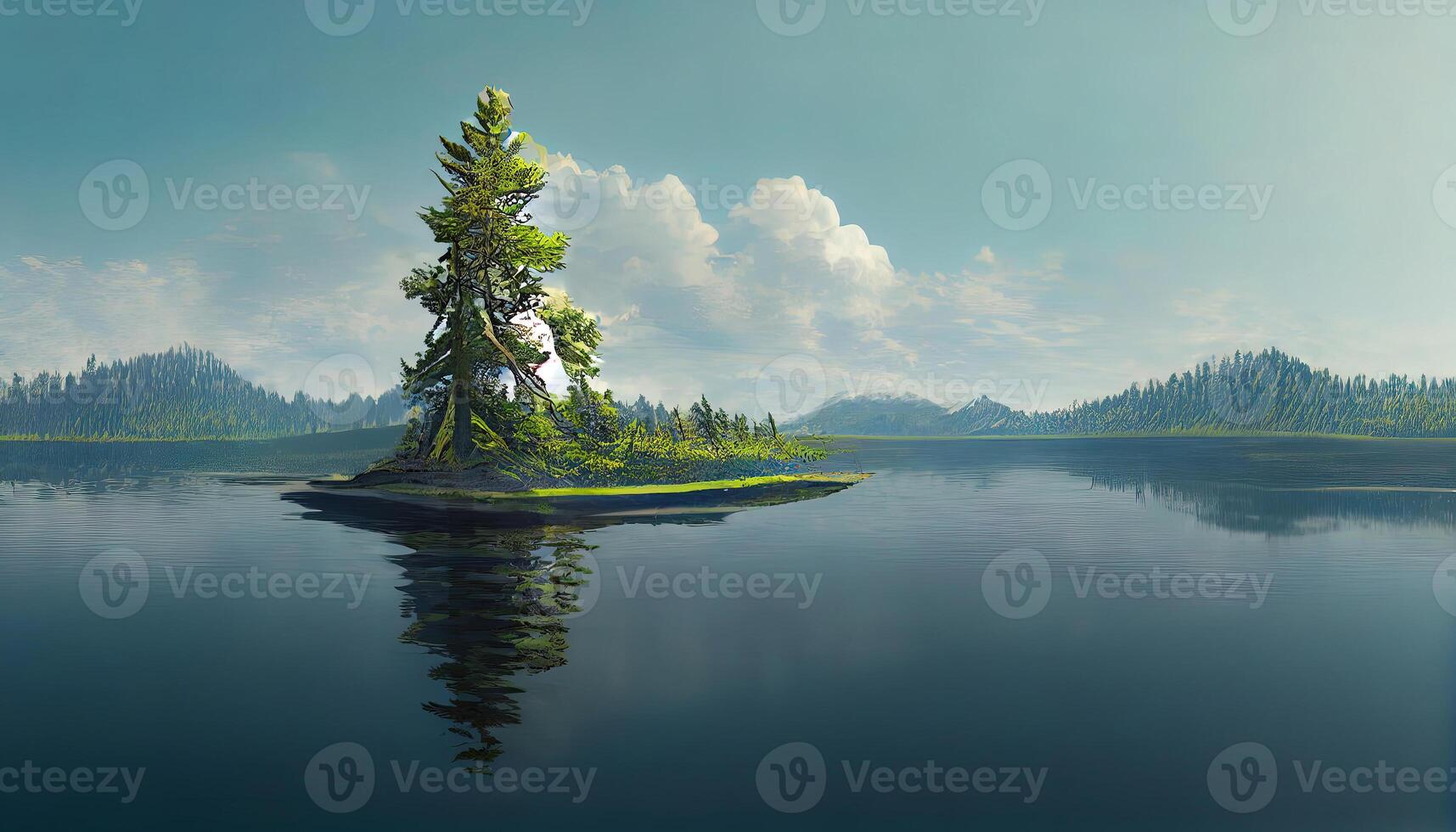 Beautiful scenery of a lake with the reflection od surrounding green trees. photo