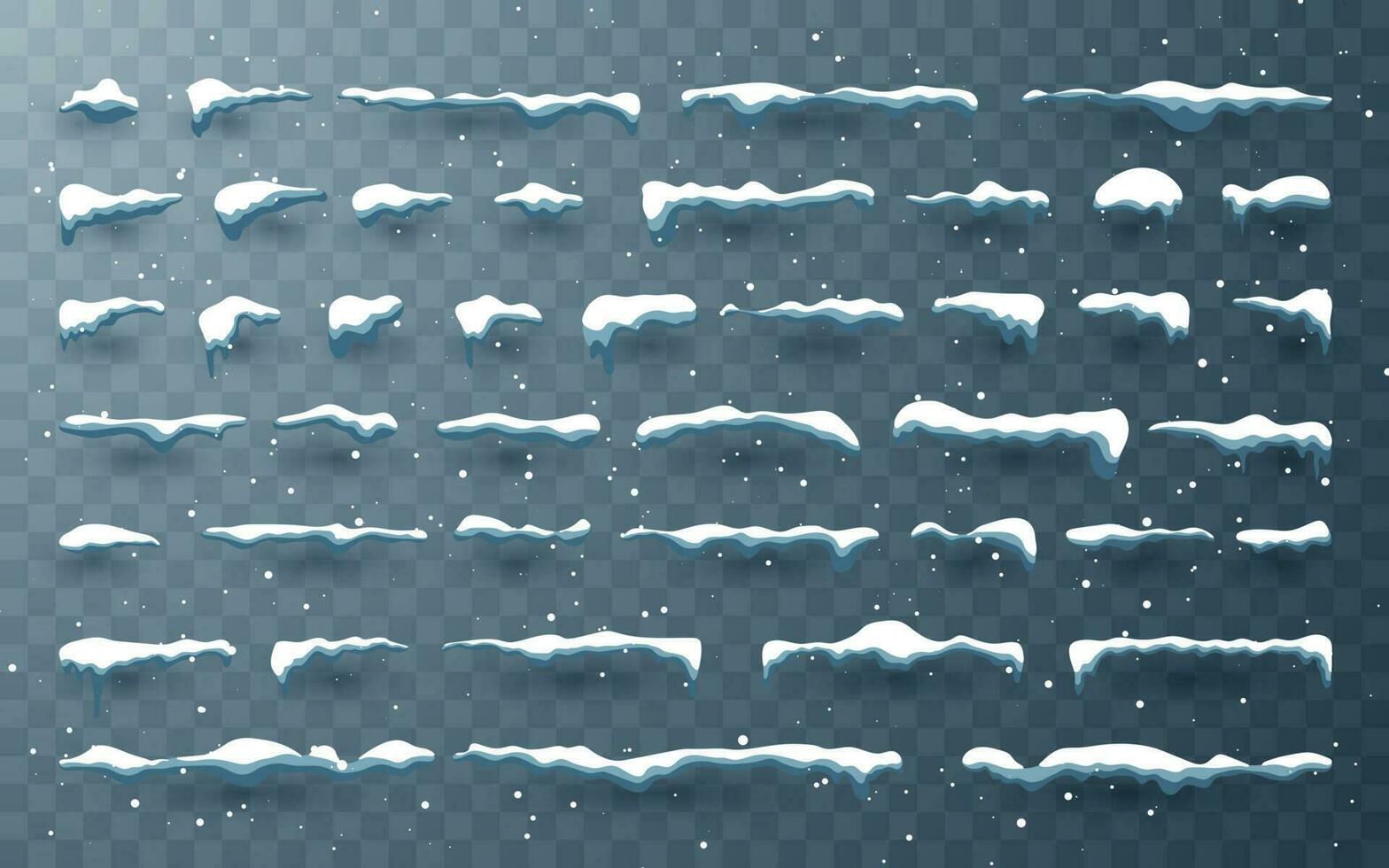 Snow caps, snowballs and snowdrifts set. Snow cap vector collection. Winter decoration element. Snowy elements on winter background. Cartoon template. Illustration