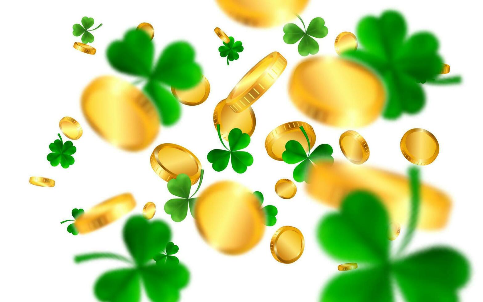 Saint Patrick's Day Border with Green Four and Tree Leaf Clovers and gold coins on White Background. Irish Lucky and success symbols. Vector illustration