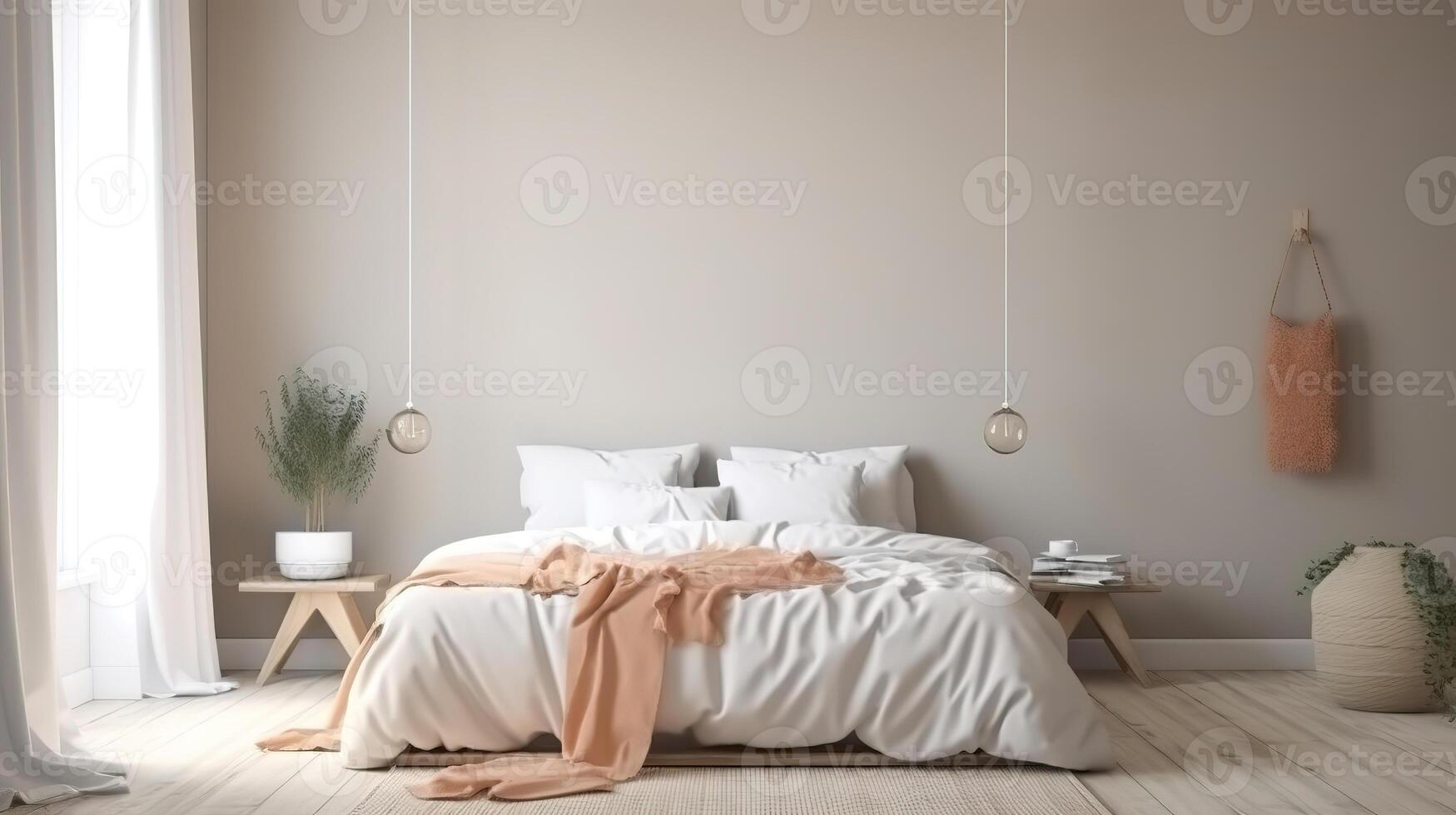 Home mock-up, blank wall in Scandinavian bedroom interior. photo