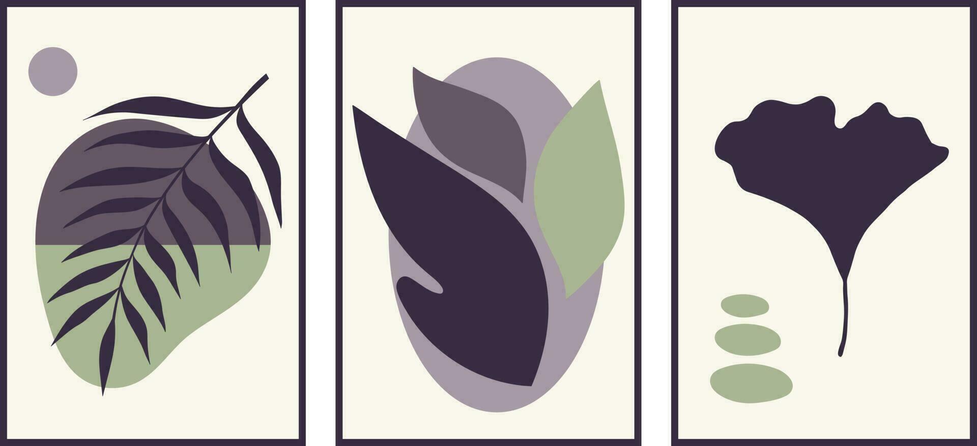 Set of creative minimalist paintings with botanical elements and shapes. For interior decoration, print and design vector
