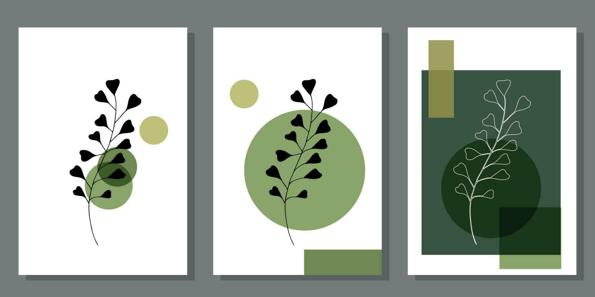 Set of creative minimalist paintings with botanical elements and green shapes. For interior decoration, print and design vector