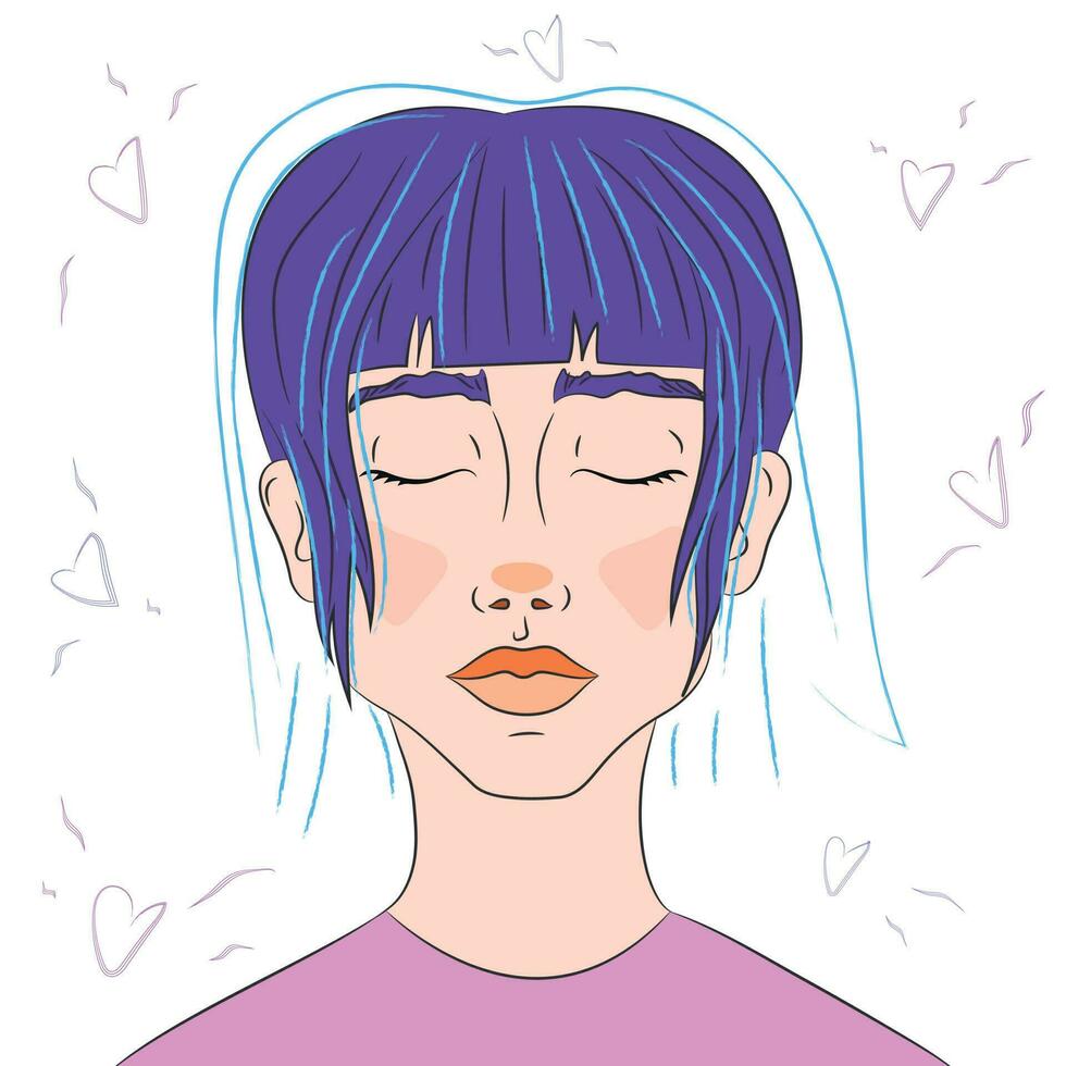 Hand drawn girl with purple hair and with closed eyes. Vector art