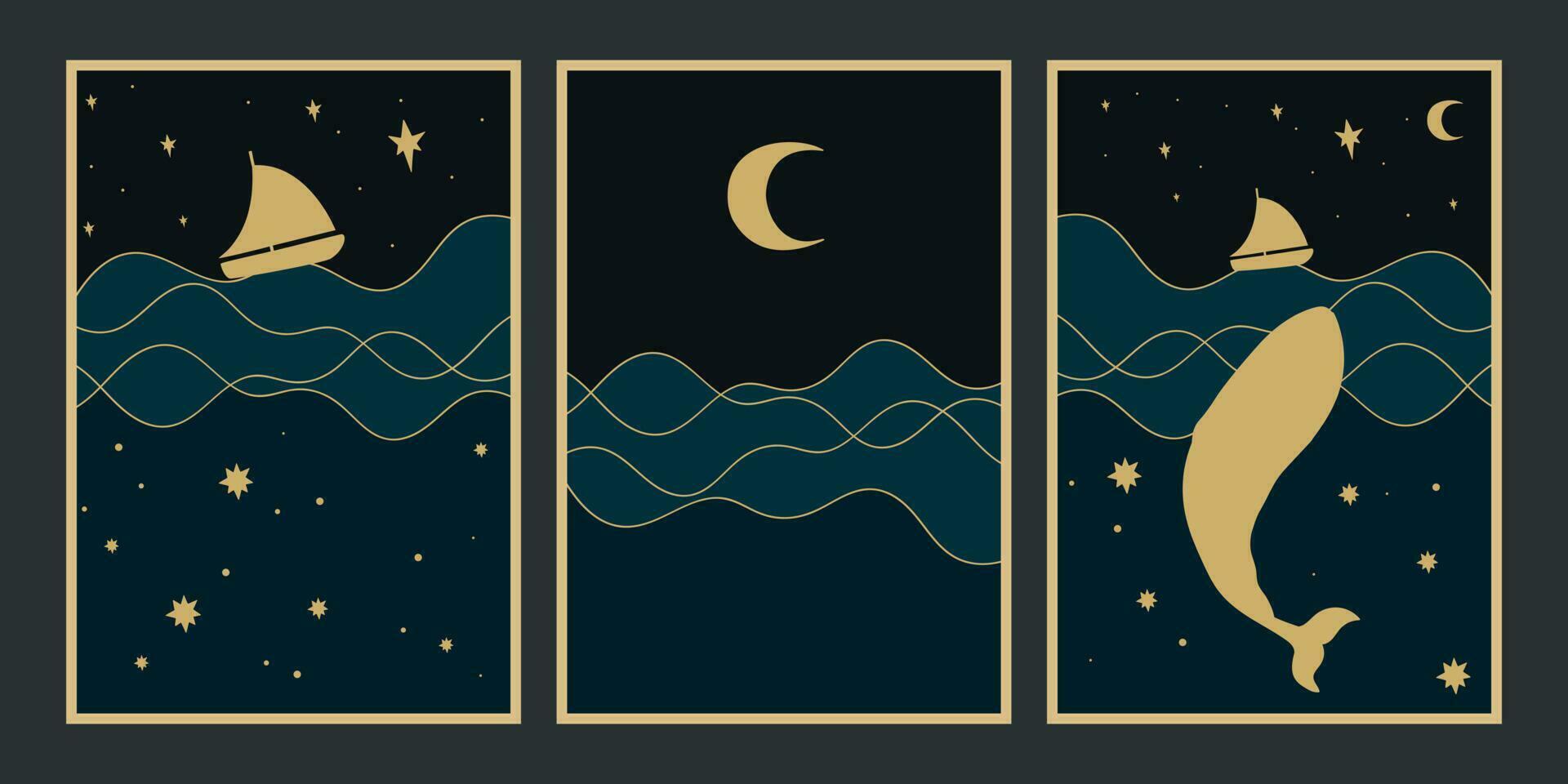 Set of illustrations of a night ocean. Minimalist background with midnight sky and ocean view and silhouettes of a ship and a whale. Vector art