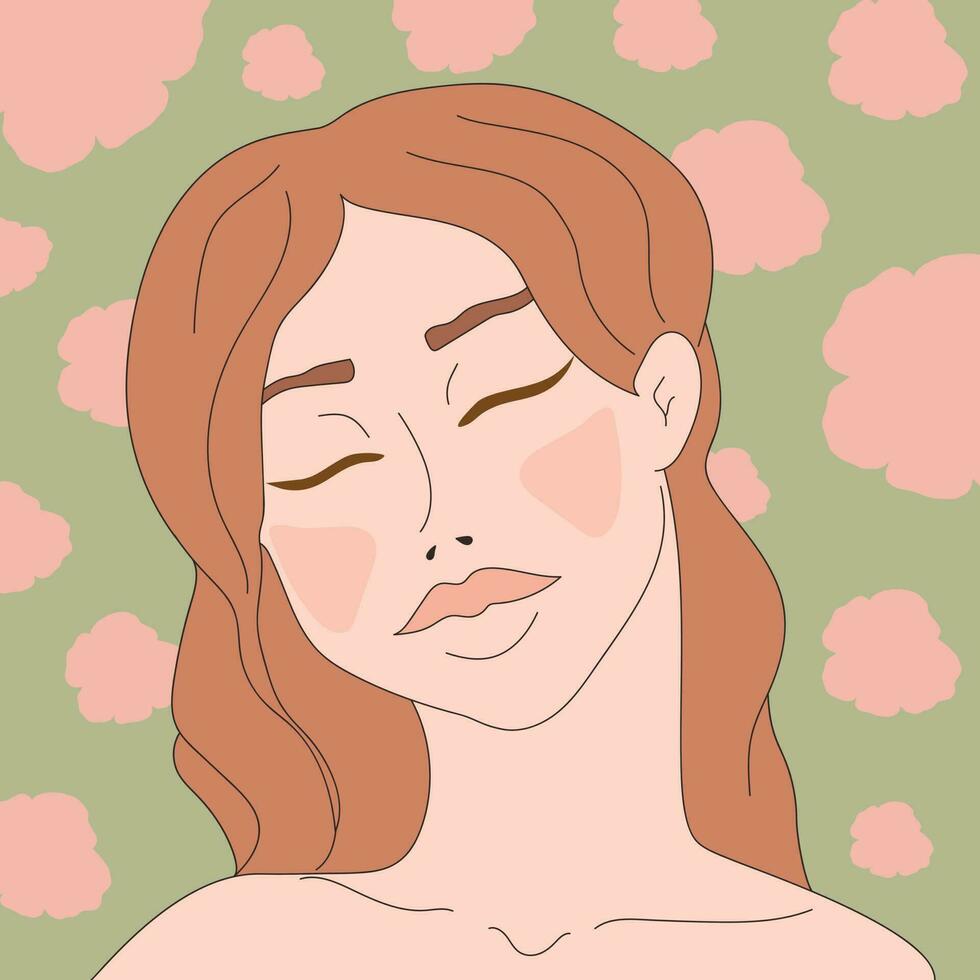 joven mujer con cerrado ojos en un floral antecedentes. mano dibujado vector ilustración
