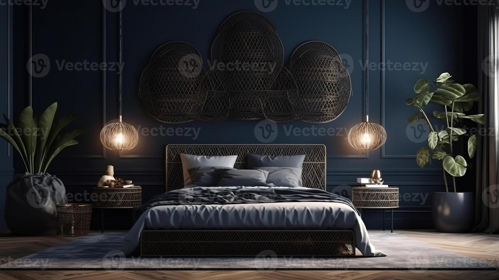 Empty poster frame mock up on dark blue wall with bed. photo