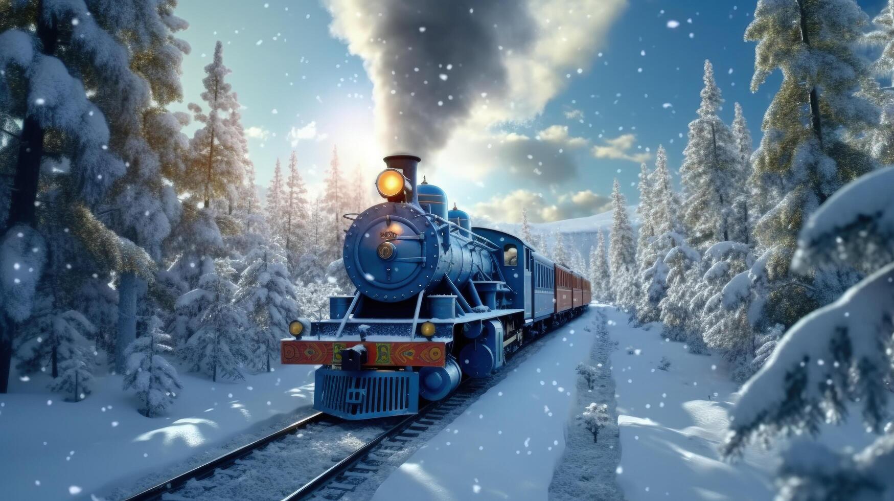 Cute christmas train goes through fantastic winter forest Illustration photo