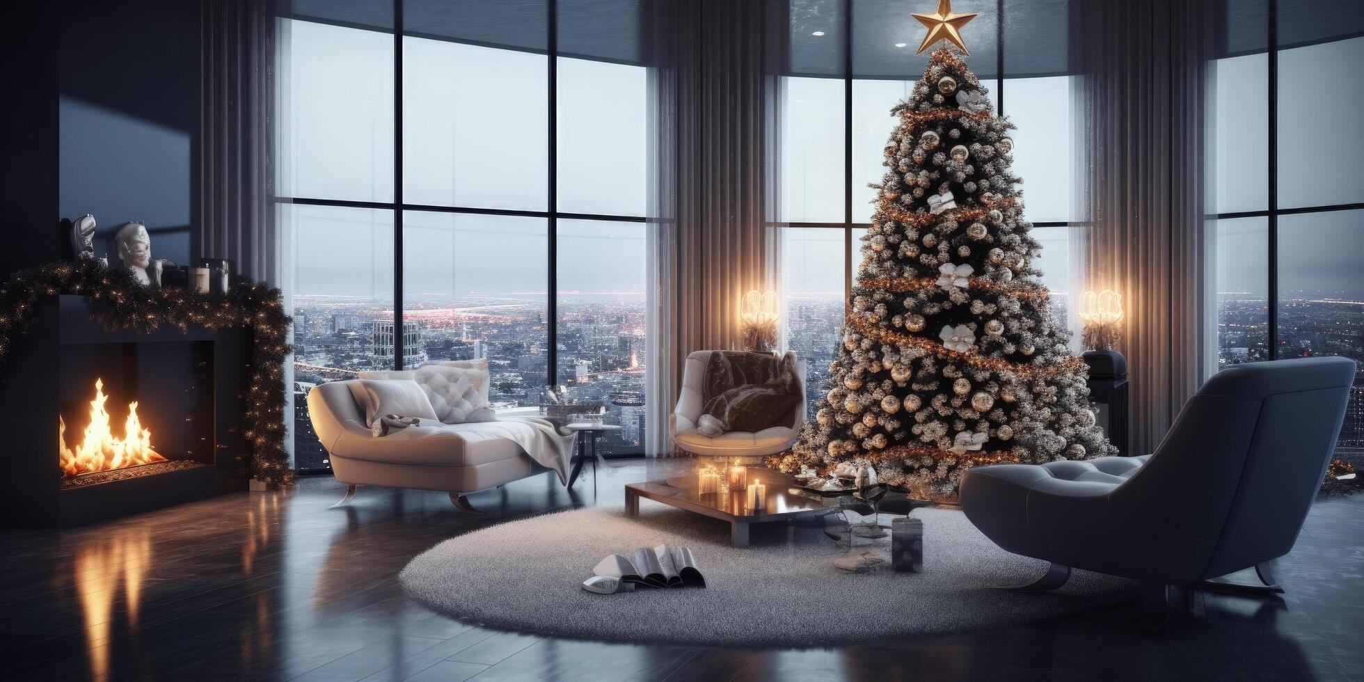 moderno vivo habitación con Navidad decoración. ilustración ai generativo foto