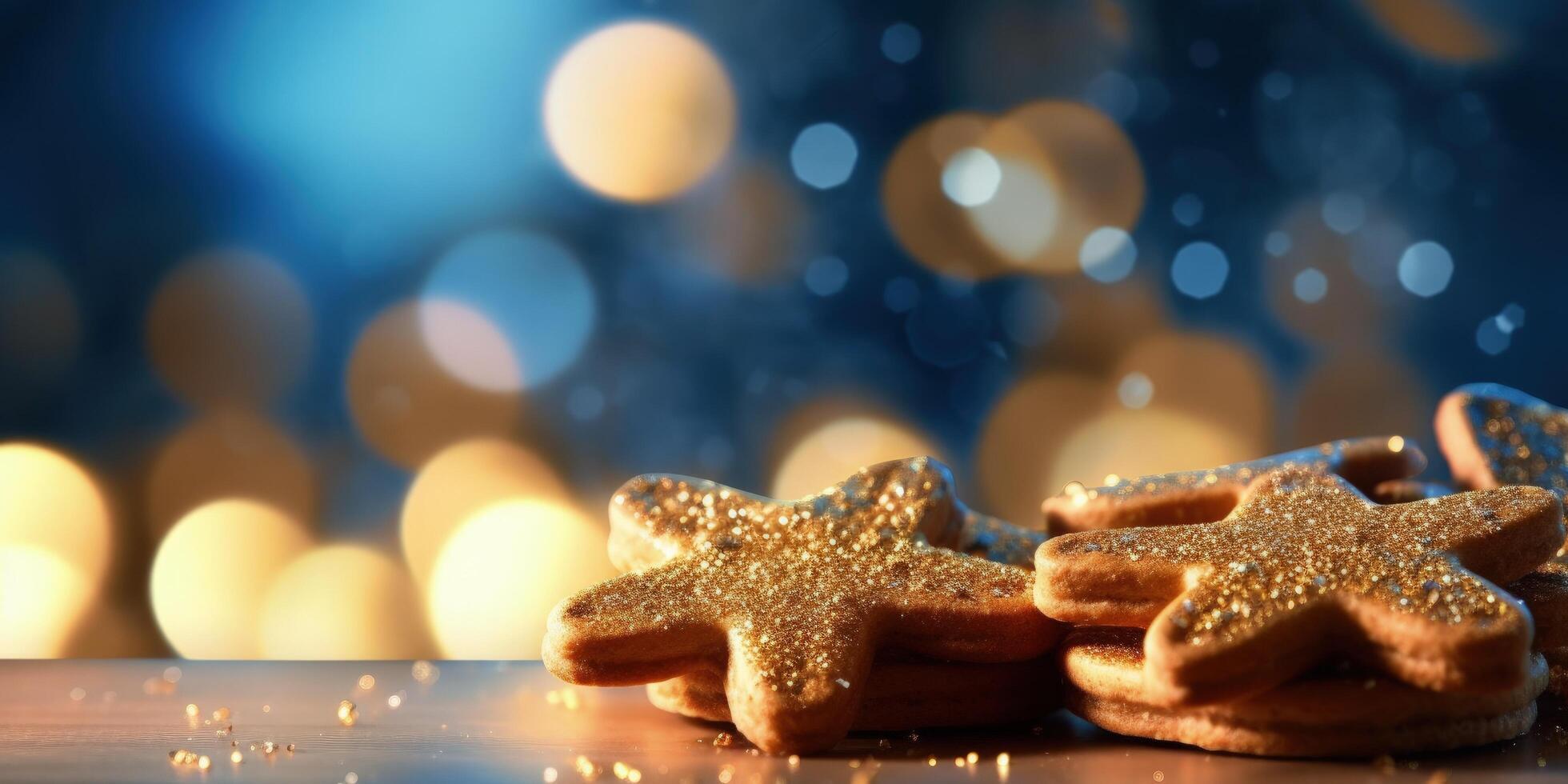 Navidad árbol Galleta cortador en dorado brillante Brillantina, ilustración ai generativo foto