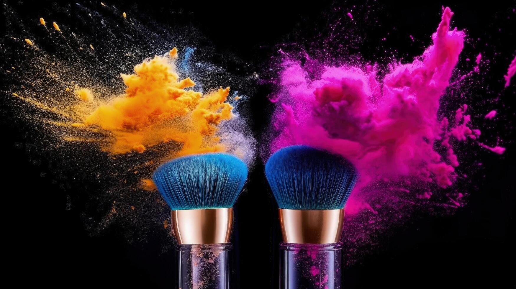 dos productos cosméticos cepillos dispersando hacer arriba polvo ilustración ai generativo foto