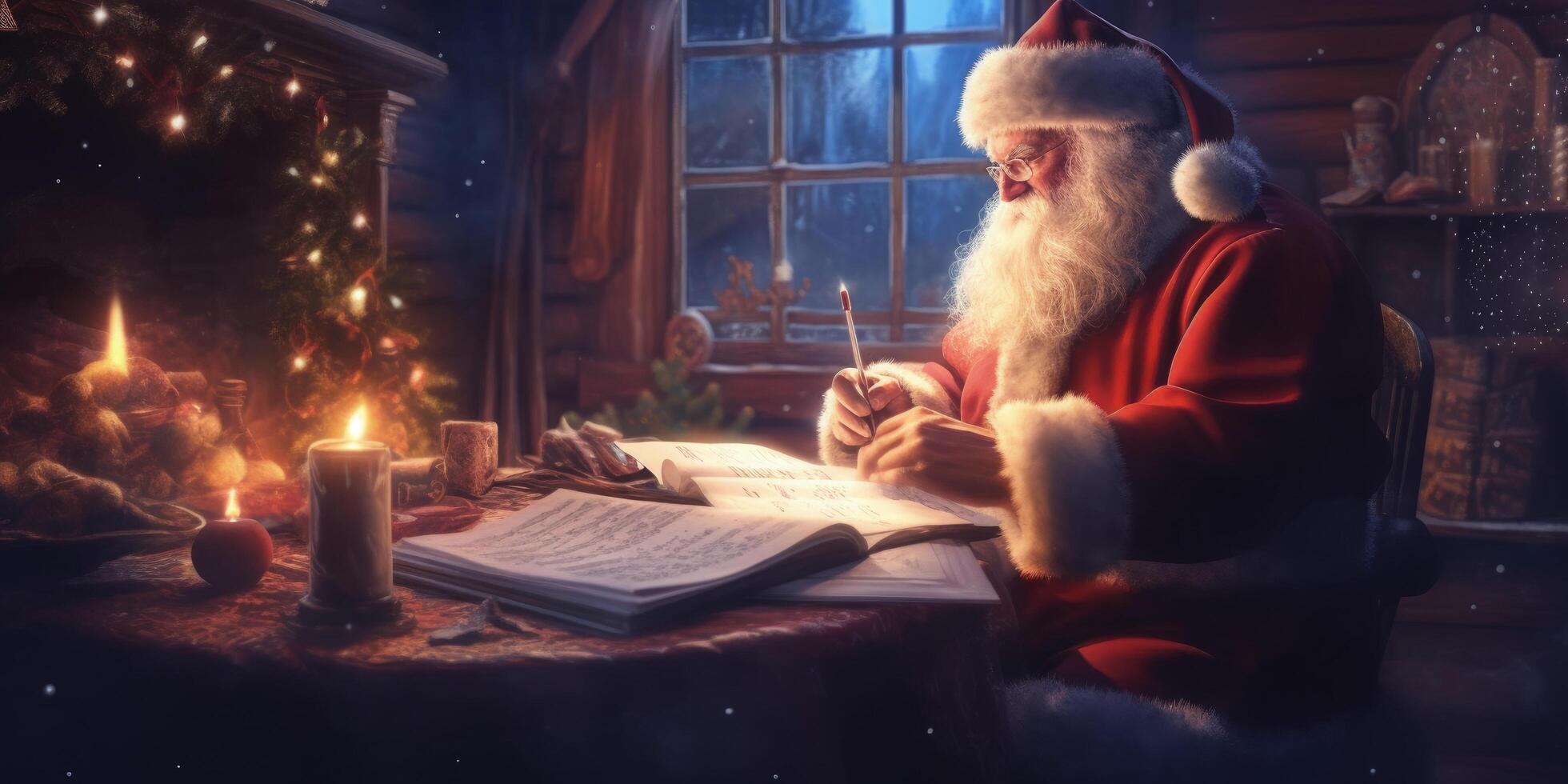 Papa Noel leyendo letras desde niños. ilustración ai generativo foto