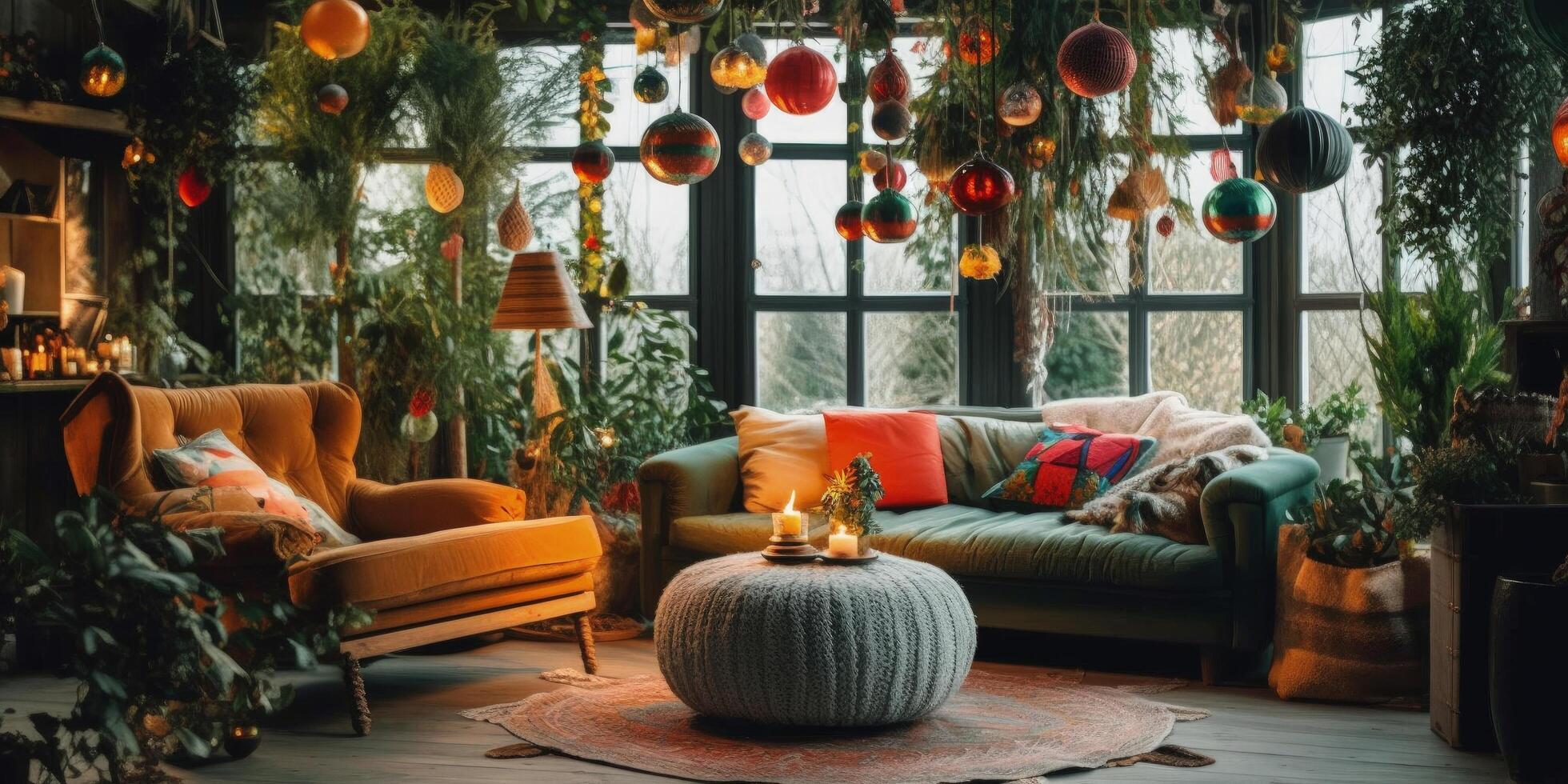 Bohemian style living room with christmas decoration Illustration photo